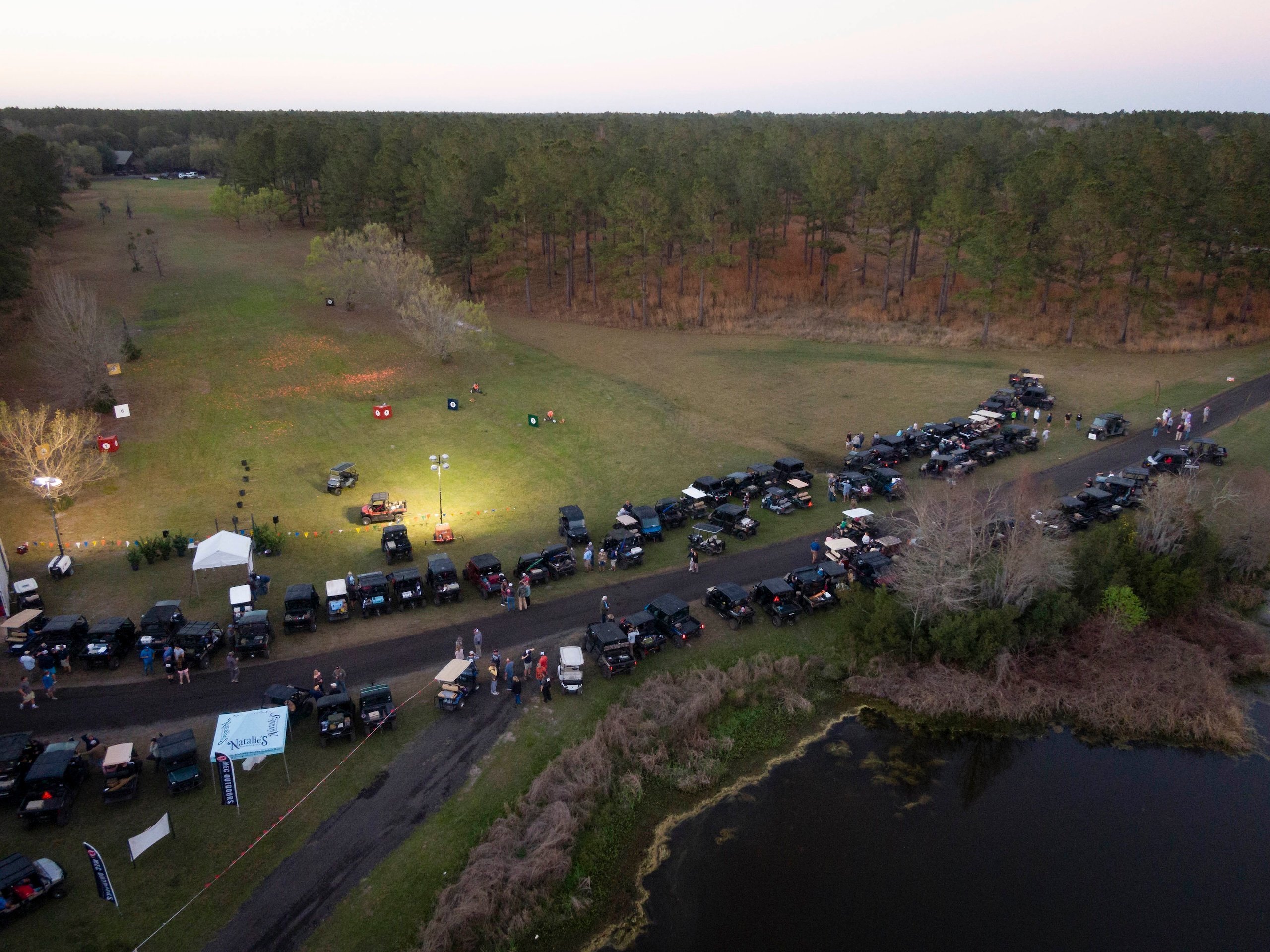 An aerial view of the Seminole Cup competition grounds at dusk.